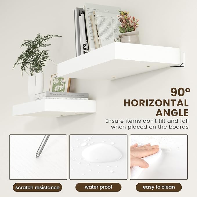 12 Inch Deep Floating Shelves | 24 Inch White Floating Shelves | 24" W x 12" D White Wood Shelves for Wall | Deep Wood Shelves for Living Room Bathroom Laundry Room Kitchen