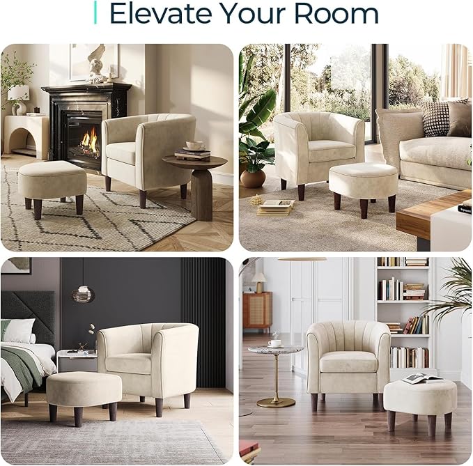 LINSY Accent Chair with Ottoman, Modern Armchair Comfy Barrel Reading Chair with Footrest for Living Room Bedroom Reading Room, Velvet, Cream
