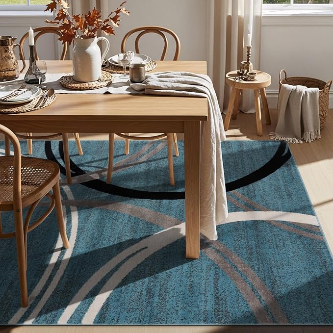 Rugshop Modern Wavy Circles Design Area Rug, Fade-Resistant Carpet for Living Room, Bedroom, or Dining Room, Blue, 5'3" x 7'3"
