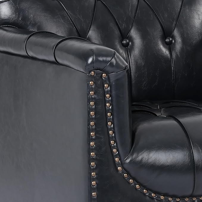 Faux Leather Accent Chairs Set of 2, Comfy Club Chair Upholstered Armchair for Living Room, Button Tufted Arm Chair Retro Single Sofa Side Reding Seat for Bedroom - Black Blue