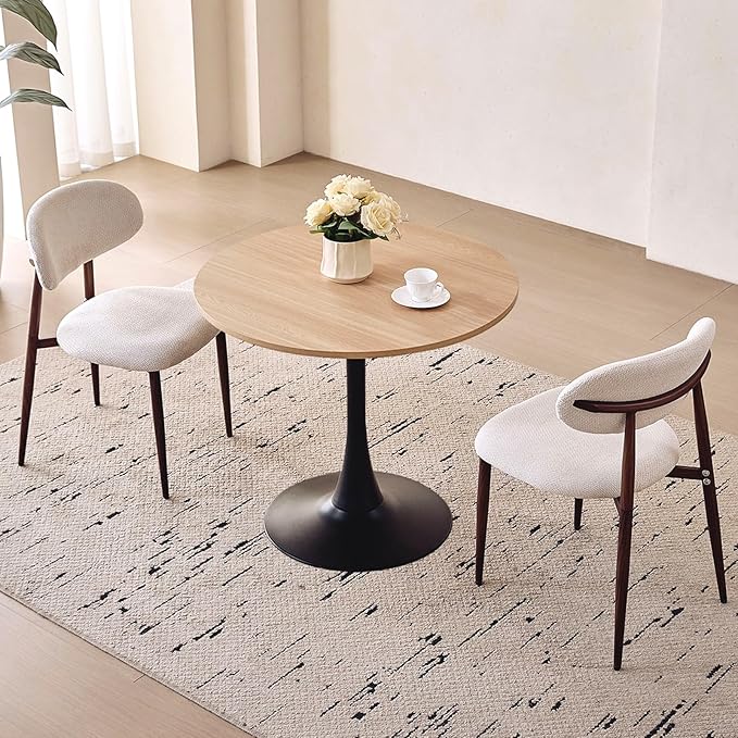 31.5" Round Dining Table for 2-4 Modern Circle Tulip Table with Metal Black Tulip Pedestal Base for Kitchen Dining Living Room Apartment Small Space Cafe, Natural