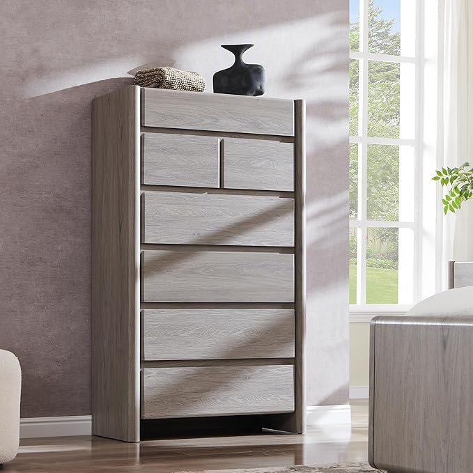 Modern 7 Drawers Dresser for Bedroom, 54.7" Tall Large Dresser & Chests of Drawers w/Rounded Corner, Wood Handleless Organizer Dresser w/Natural Texture for Bedroom, Living Room-Light Grey