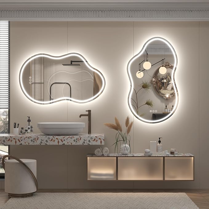 Irregular Led Bathroom Mirror with Lights 20x32 Inch, Asymmetrical Cloud Lighted Vanity Mirror for Wall, Anti-Fog, Dimmable, Memory, 3 Colors, Shatterproof (Horizontal/Vertical)
