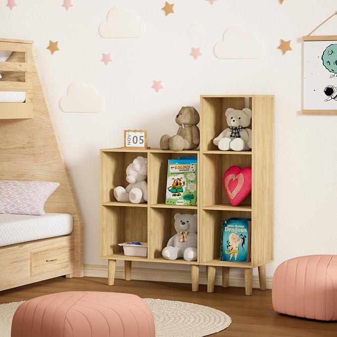 4 Cube Bookcase, Wooden Book Shelf Cube Storage Organizer with Legs, 2 Tier Bookshelf Freestanding Open Shelves for Living Room, Bedroom, Home Office (Oak, 4 Cube)