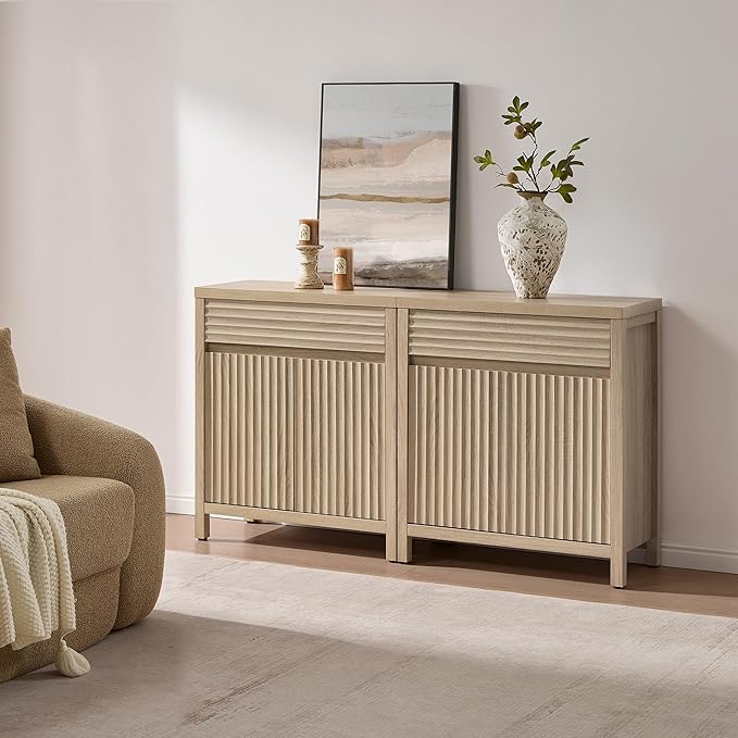SICOTAS Sideboard Buffet Cabinet with Drawer - 87" Fluted Sideboard Modern Credenza with Doors & Adjustable Shelves, Farmhouse Coffee Bar Media Console for Living Room Kitchen Entryway, Light Oak