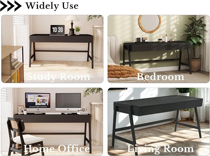 HNY 59 Inches Black Wooden Writing Desk with 3 Drawers, Computer Study Table with MDF Top, Solid Rubberwood Legs and Hidden Cable Management Holes, Corner Makeup Vanity Desk for Home Office, Bedroom