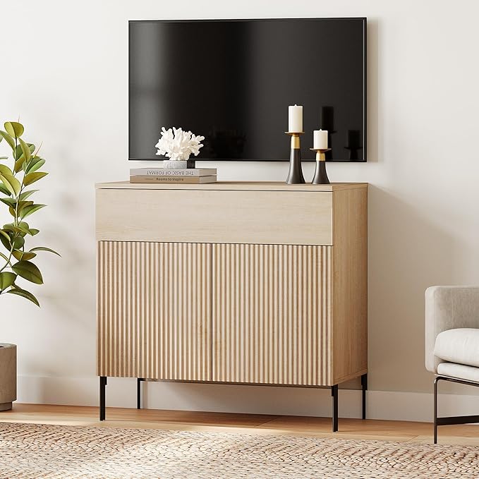 WAMPAT 31.5" Buffet Sideboard Cabinet with Storage, Wood Credenza Console Table with 1 Drawer & 2 Doors, Coffee Bar Cabinet, Wine Bar Storage for Dining Room, Living Room, Beige