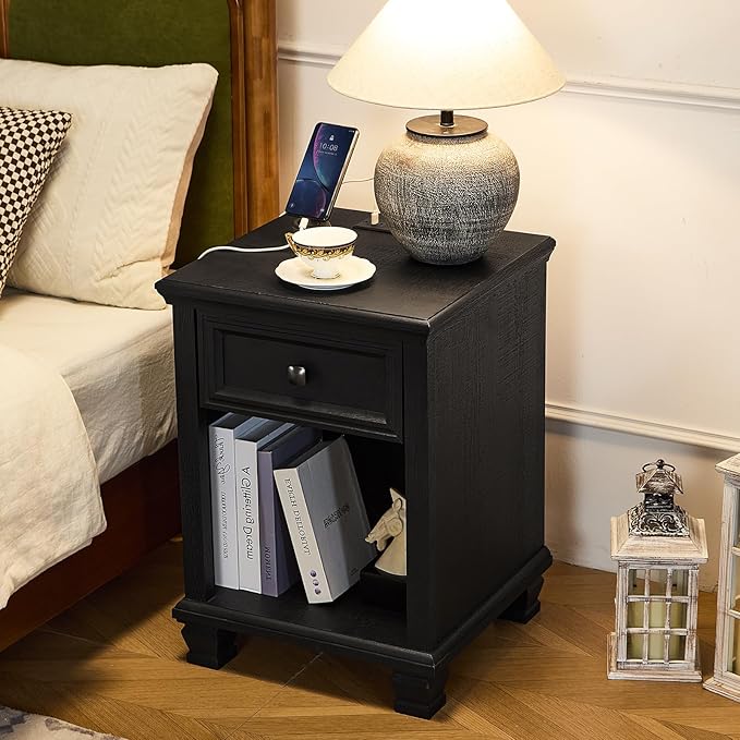 Farmhouse End Tables Living Room Set of 2, Rustic Wood Nightstand with 1 Drawer, Bedside Table with Open Shelf for Bed Room, Side Table for Living Room, Black