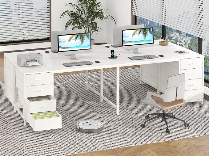 YOMILUVE 95'' Two Person Desk with 8 Drawers, Long Computer Desk with Charging Station, 2 Person Desks Double Desk Writing Study Table for Home Office, White