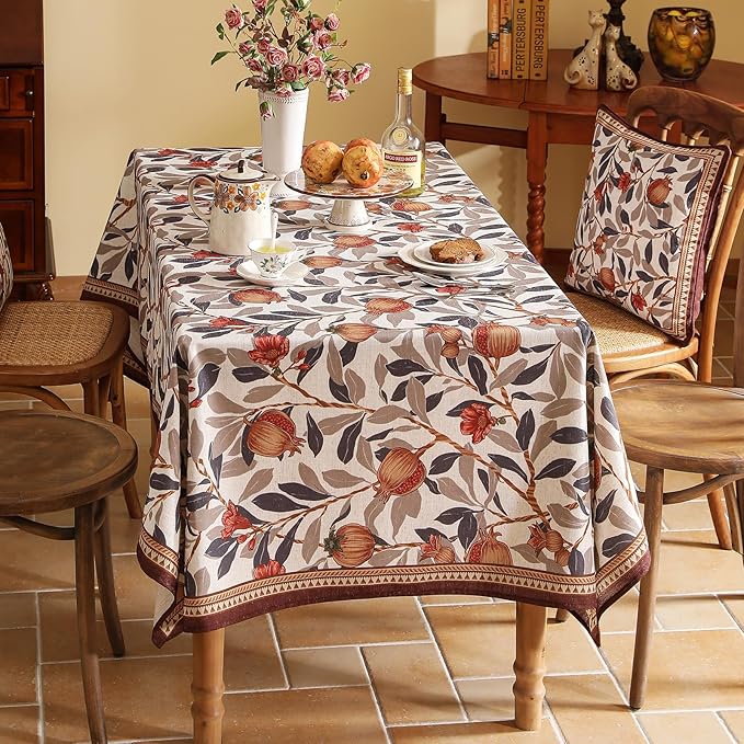 patdrea Designer Vintage Rectangle Tablecloth,Linen Pomegranates and Leaves Pattern Tablecloths,Fall Table Cover Cloth Decor for Kitchen Dining Christmas,Thanksgiving,63"x87"-Tehran a