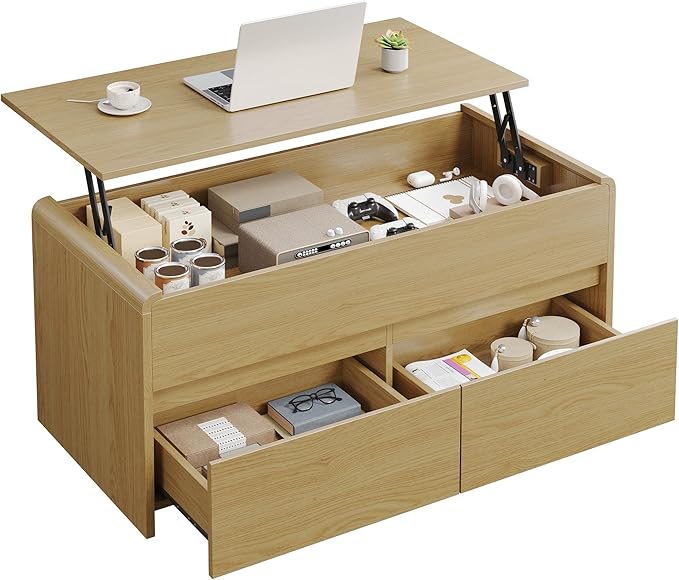 Coffee Table Lift Top, 40 Inch Multi-Function Coffee Table with 2 Drawers, Hidden Compartment, Curved Profile Design, Converts to Home Office Table, Dining Table for Living Room, Natural