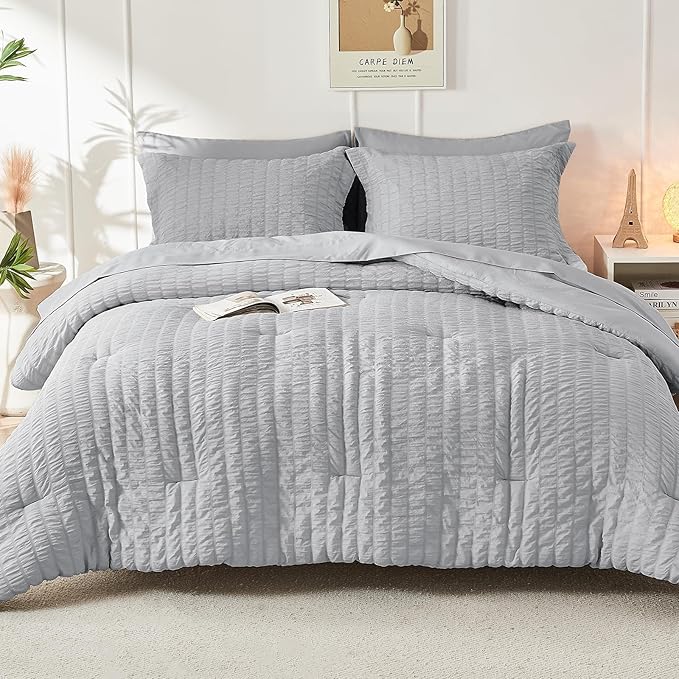 HYMOKEGE Light Grey Full Size Comforter Sets Seersucker 7 Pieces, All Season Luxury Bed in a Bag for Bedroom, Bedding Set with Comforters, Sheets, Pillowcases & Shams