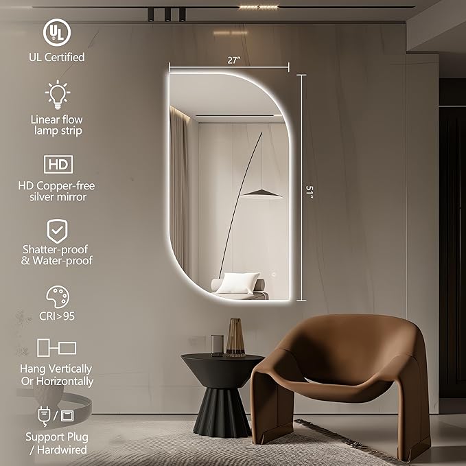 51x27 Inch LED Bathroom Mirror with Lights,Leaf LED Backlit Mirror Irregular,Anti-Fog,Dimmable Light,Asymmetrical Vanity Mirror for Makeup,UL Listed,Room Decor,Horizontal/Vertical