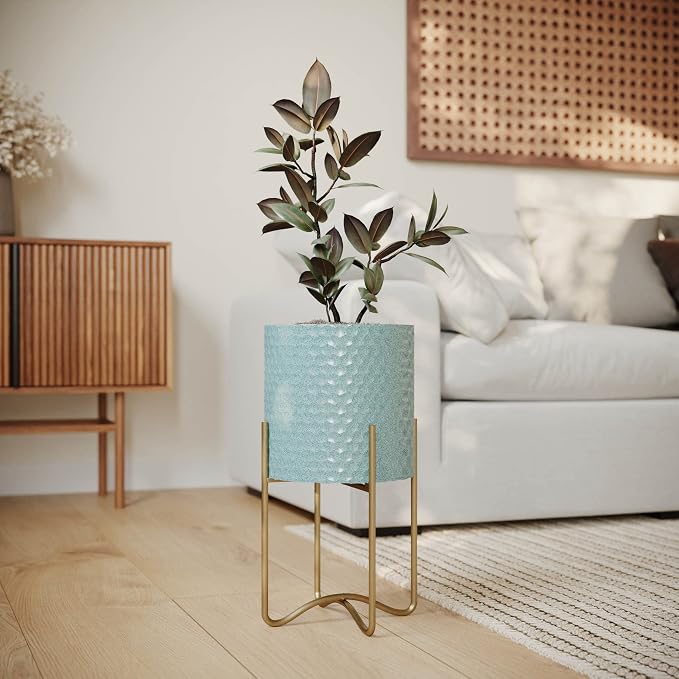 EverNest Mid-Century Modern Rhys Honeycomb Embossed Planter Pot with Ambrose Stand, Metal Indoor Plant Pots, Blue Green Bohemian Style (Small 1 Gallon)