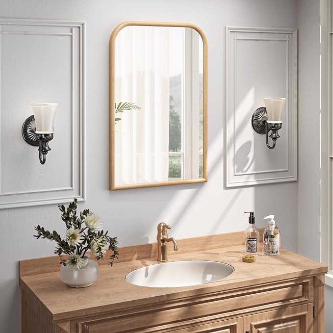24"x36" Arch Wall Mirror for Wall, Wall Mounted Vanity Mirror for Bedroom, Wood Grain Finish Frame Mirror with Tempered Glass, Vintage Decorative for Bathroom, Entryway, Living Room, Natural