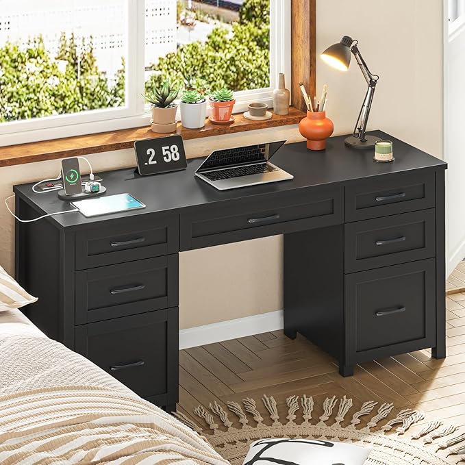 Farmhouse 61'' Executive Desk with 5 Drawers, Rustic Office Desk Computer Desk with Charging Station, File Drawers and Storage Cabinet, Wood Workstation for Home Office and Study,Pure Black