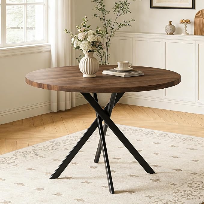 44" Round Dining Table for 4, Modern Mid-Century Dining Kitchen Table of 4, Cozy Dinette Round Table with Metal Leg for Kitchen Dining Room Apartment, Walnut