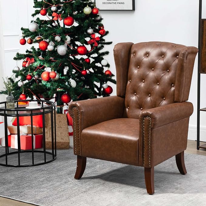 MOJAY Mid-Century PU Leather Accent Chair, Living Room Lounge Sofa Chair with Buttons, Single Club Armchair with Rivet Trim for Bedroom Home Reception (Brown)