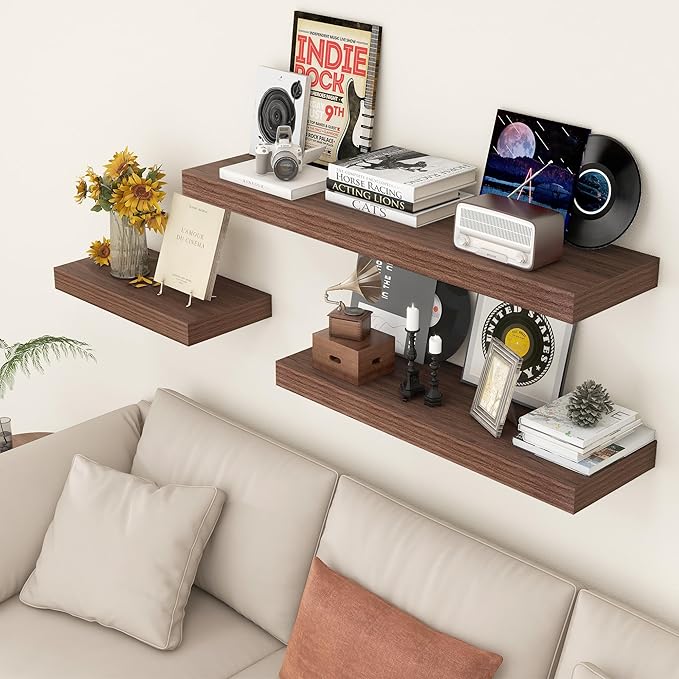 Deep Floating Shelves | 36 Inch Walnut Floating Shelves Set of 2 | 12 Inch Deep Rustic Wood Shelves for Wall | 36" W x 12" D Walnut Shelves for Living Room Bathroom Laundry Room Kitchen