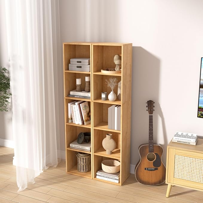 5-Tier Wooden Cube Storage Organizer, 52 Inch Tall Bookcase & Display Shelf with 5 Open Cubes, Freestanding DIY Closet Shelving Unit for Living Room Bedroom Office (Oak, 5 Cube-W(11.8inch)
