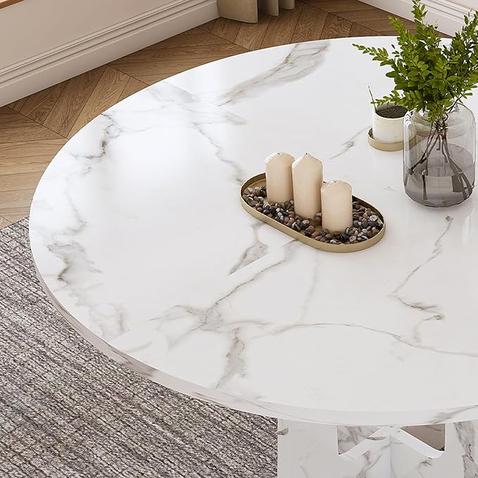 47" Round Dining Table for 4-6,White Faux Marble Dining Room Table,Modern Kitchen Table with Cross Legs for Dining Room Kitchen