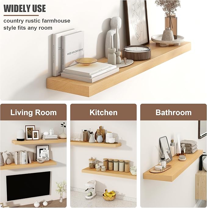 Floating Shelves for Wall, USA-Sourced Beech Wood 24 Inch Wall Shelves Set of 2, Natural Wooden Mounted Picture Ledge Shelf, Nursery Book Storage Shelf Kids Bookshelf Display, Shelf for Bathroom