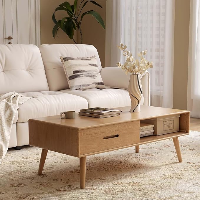 100% Solid Wood Coffee Table for Living Room, Living Room Table with Shelf Storage and 2 Drawers, Mid Century Modern Table,Oak Coffee Table for Home (Natural Colour, 47.24'' W)