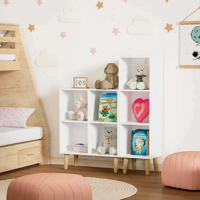 4 Cube Bookcase, Wooden Book Shelf Cube Storage Organizer with Legs, 2 Tier Bookshelf Freestanding Open Shelves for Living Room, Bedroom, Home Office (White, 4 Cube)