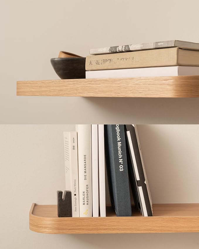 Kazai.ยฎ 23.6 inches Floating Shelves for Wall 'Toke' | Set of 2 Small Mounted Wooden Shelf Units | Modern Wall Decor & Storage for Living Room, Bathroom, Kitchen, Bedroom & More | Oak