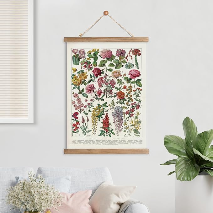 XIAOAIKA Vintage Wildflowers Poster Hanger Frame, Retro Style Wall Decor Art Painting, Patterns are Printed on Linen Without Fading, Scrolls Made of Fir are Durable (16 x 23 inches)