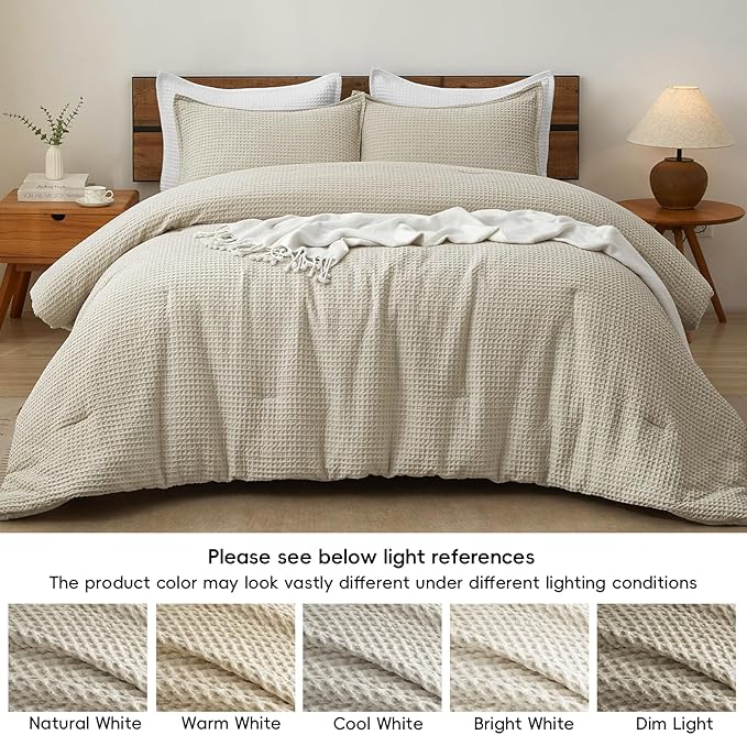 PHF Ultra Soft Waffle Weave Comforter Set King Size, 3 Pieces Lightweight Breathable Comfy Bedding Set, Comfy Textured 1 Comforter with 2 Pillow Shams, Linen
