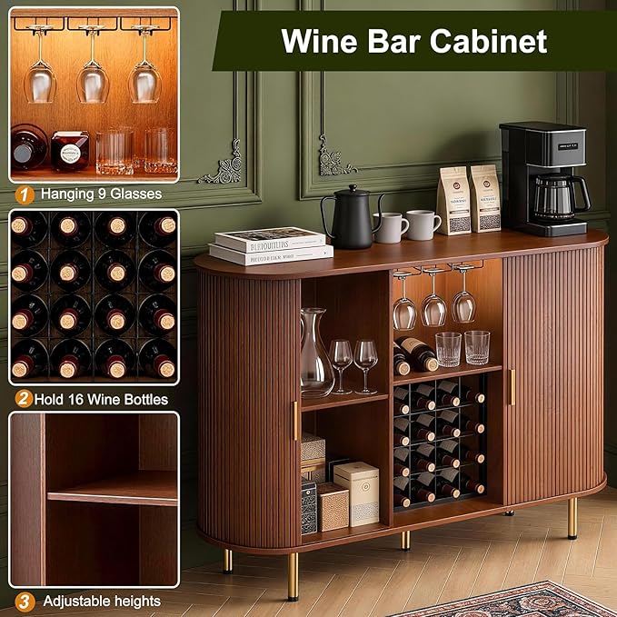 DHH 55" Wine Bar Cabinet with Storage, Fluted Liquor & Coffee Bar Cabinet with Wine Rack and Glass Holder, Buffet Sideboard with LED Lights for Home Kitchen Living Dining Room(Walnut)