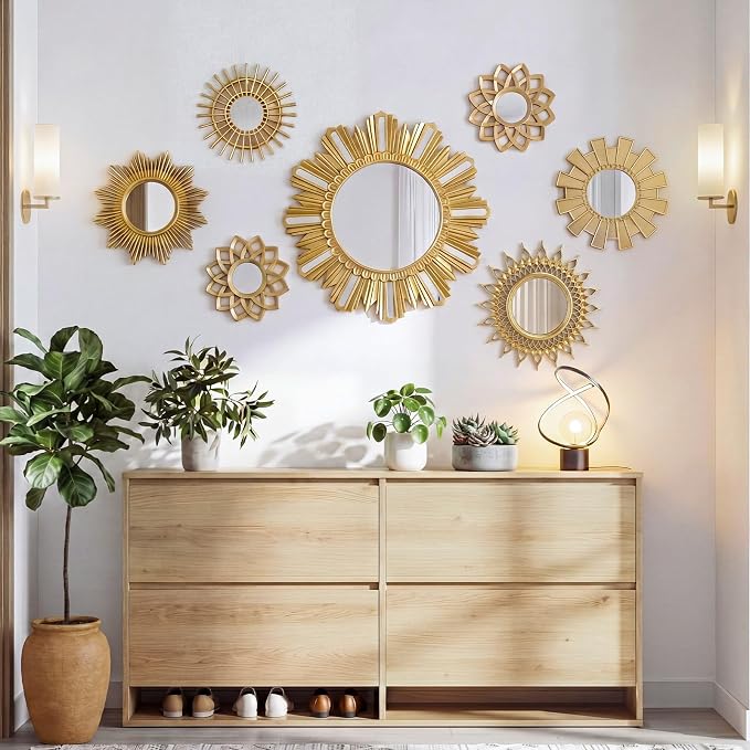 Gerrii 7 Pcs Gold Sunburst Mirror for Wall Decorative Gold Mirrors for Wall Decor Vintage Mirror Sets Hanging Round Decorative Mirrors Accessories for Art Entryway Living Room Home Decor Art Gifts