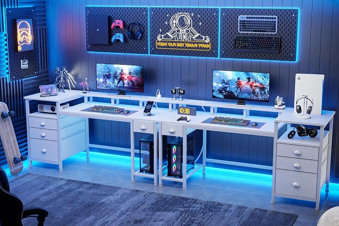 Furologee 60" White Office Computer Desk with 4 Drawers,Gaming Desk with LED Lights and Power Outlets,Long Desk with Fabric File Cabinet,Study Writing Work Table with Shelf for Bedroom Home Office