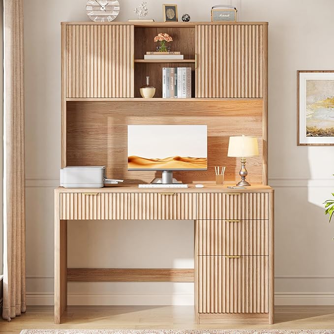Vabches 67" H Executive Desk with Fluted Drawers,4 Drawers Fluted Computer Desk,Wood Workstation with Hutch and Barn Doors for Work and Study,Oak
