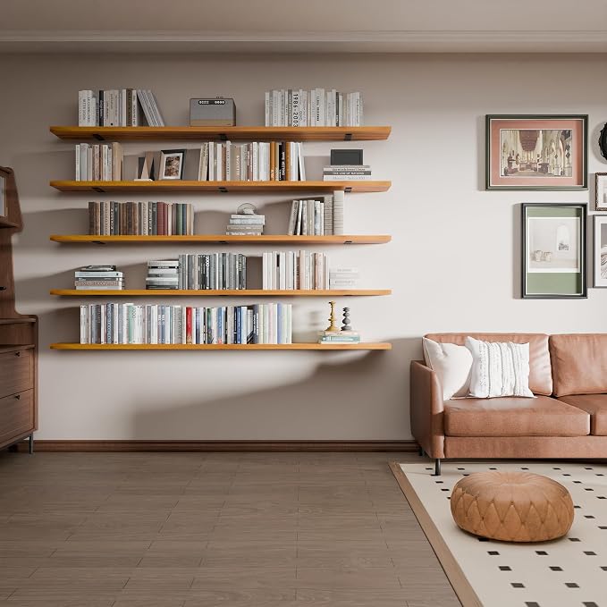 5 Tier Book Shelf,72 inch Long Floating Shelf for Wall,Wall Mounted Bookshelf Display Shelves,Solid Wood Large Bookcase