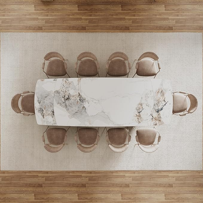 Extendable Dining Table with Leaf, 78"-110" Rectangular Sintered Stone, Marble-Look Top, Seats 6-14, Metal Base, Easy-Clean, Heat & Scratch Resistant, Dining Room/Kitchen Table for Family Gatherings