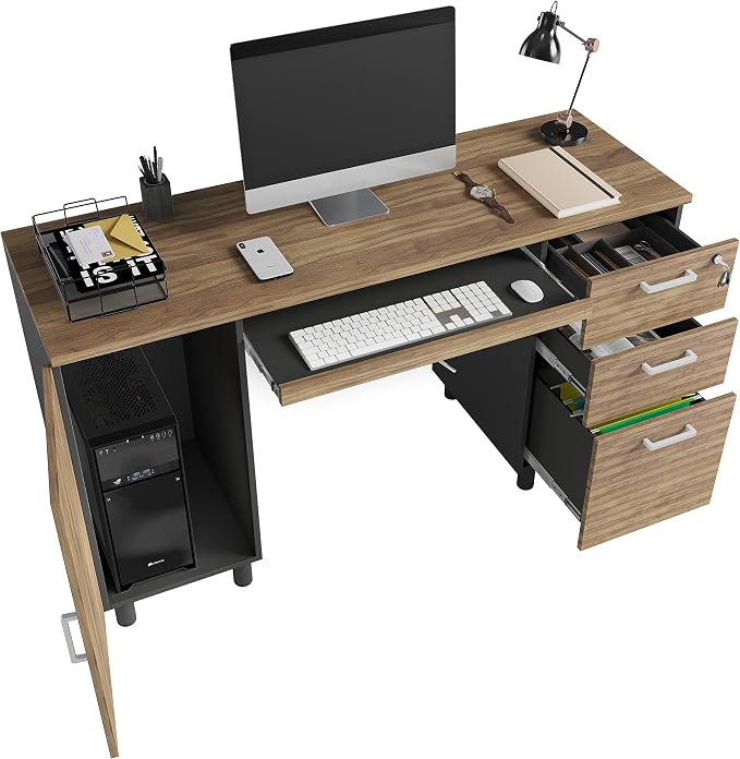 Modern Design Venice Computer Desk with Lockable Drawers, 53 Inch Home Office Desk with Storage Cabinet, Keyboard Tray & Cable Management, Modern Study Writing Desk for Small Spaces, Walnut and Black