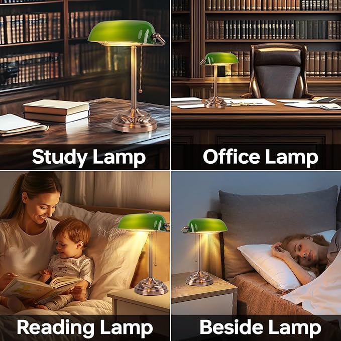 FIRVRE Green Glass Bankers Desk Lamp, Traditional Banker's Lamp, Vintage Lamp with Pull Chain Switch, Retro Table Lamps for Home Office, Library, Piano