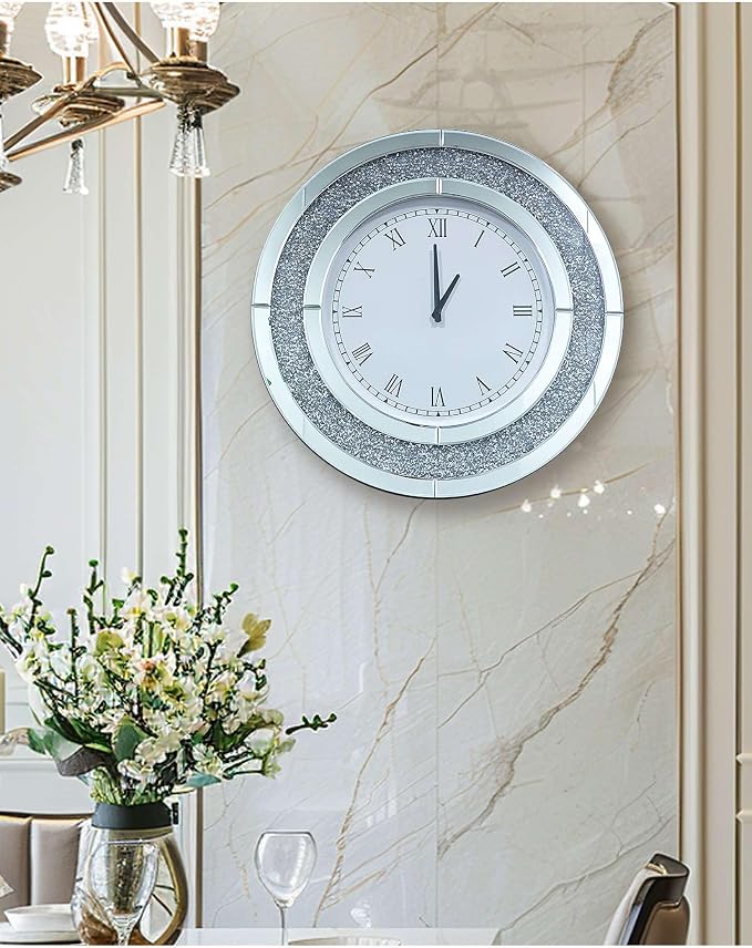 Crushed Diamond Wall Clock Round Decorative Mirrored Clock 24 inch Silver
