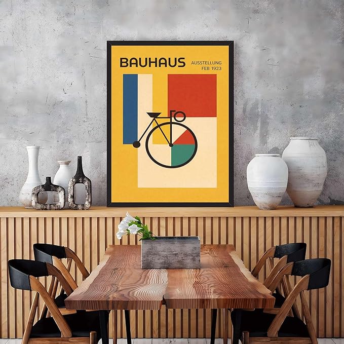 Vintage Bauhaus Geometric Bicycle Poster Canvas Wall Art, Abstract Colorful Shapes Print for Living Room Bedroom Home Decor Modern Minimalist Style (Black Framed,12”LX16"W)