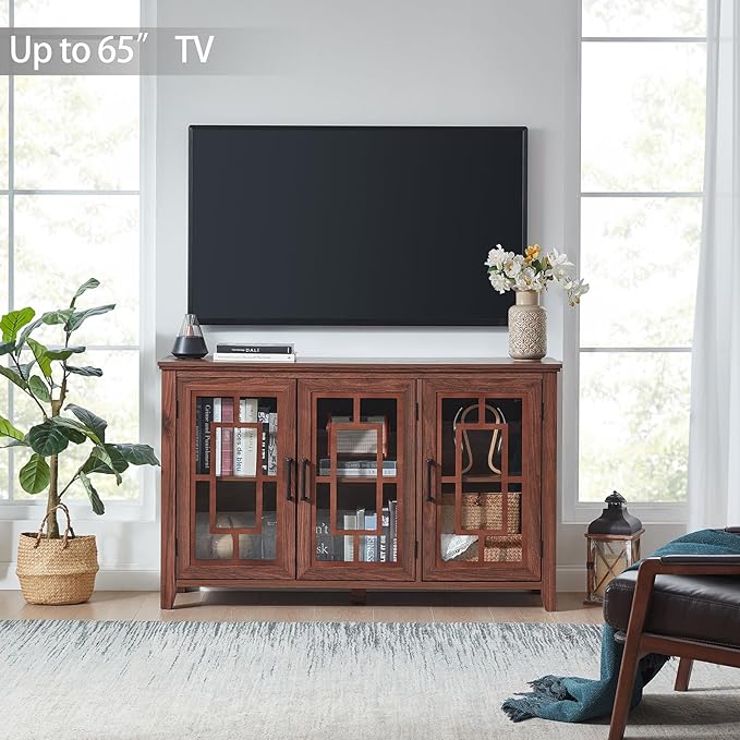 Large Sideboard Buffet Cabinet with Storage, 55" Farmhouse Kitchen Coffee Wine Bar Cabinet with 3 Glass Doors, Wood Mid Century Modern Side Board Table for Dining Room, Living Room,Brown
