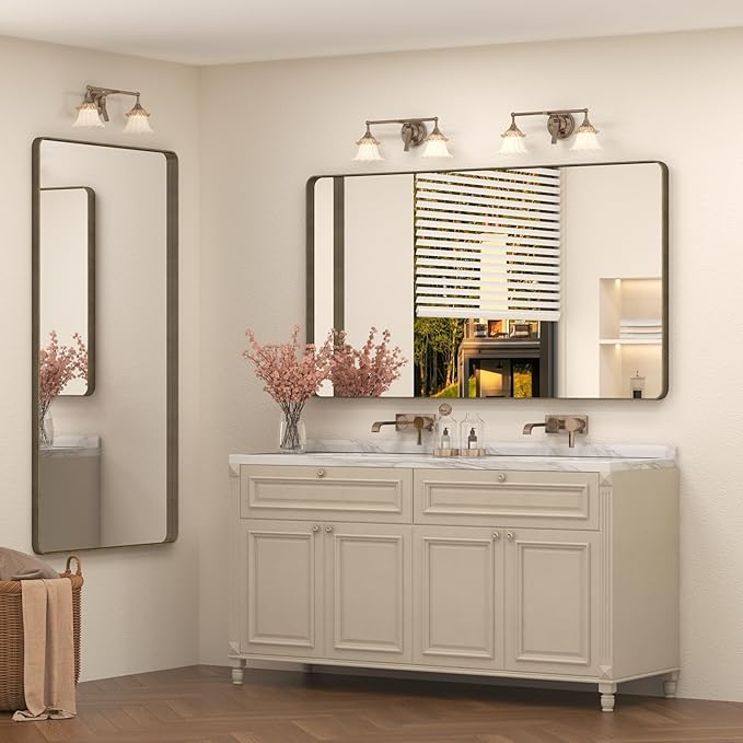 60x36 Bronze Bathroom Vanity Mirror for Wall, Large Bronze Frame Mirror with Brushed Metal Frame, Rounded Rectangle Mirror, Shatterproof, Anti-Rust (Horizontal/Vertical)