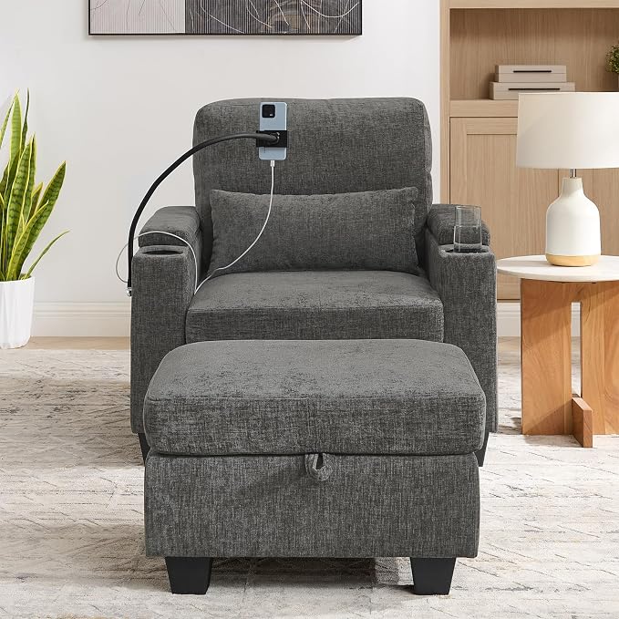 Oversized Chaise Lounge Chair Indoor, Single Convertible Recliner Reading Arm Sofa Chair W/Adjustable Backrest & Charging Port Couch Bed for Living Room, Home Theater & Bedroom, Grey