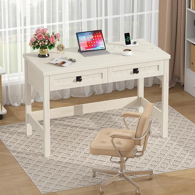 YOMILUVE Farmhouse Computer Desk with 2 Drawers, 39 Inch Small Office Computer Desk with Power Outlets, Compact Writing Study Vanity Desk for Small Spaces, White