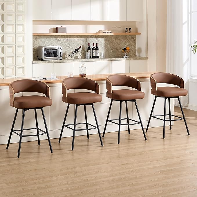 Swivel Bar Stools Set of 4, 26" Counter Height Bentwood Barstool, Upholstered Faux Leather Barstools with Walnut Back, Mid Century Modern Bar Chairs for Kitchen Island, Bar