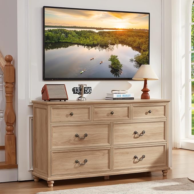 Farmhouse 54" 7 Drawers Dresser for Bedroom, Wide Wood Chest of Drawers w/ 4 Wooden Legs, Vintage Rustic Large Closet Storage Dressers Organizer for Hallway, TV Stand for Living Room, Natural
