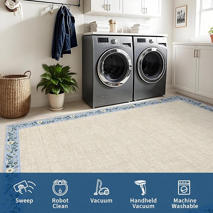 GarveeHome 10x13 Machine Washable Rugs for Living Room Large Area Rug Modern Floral Indoor Accent Carpet Low Pile Carpet Soft Throw Aesthetic Floor Cover for Bedroom Laundry Dining Room, Beige