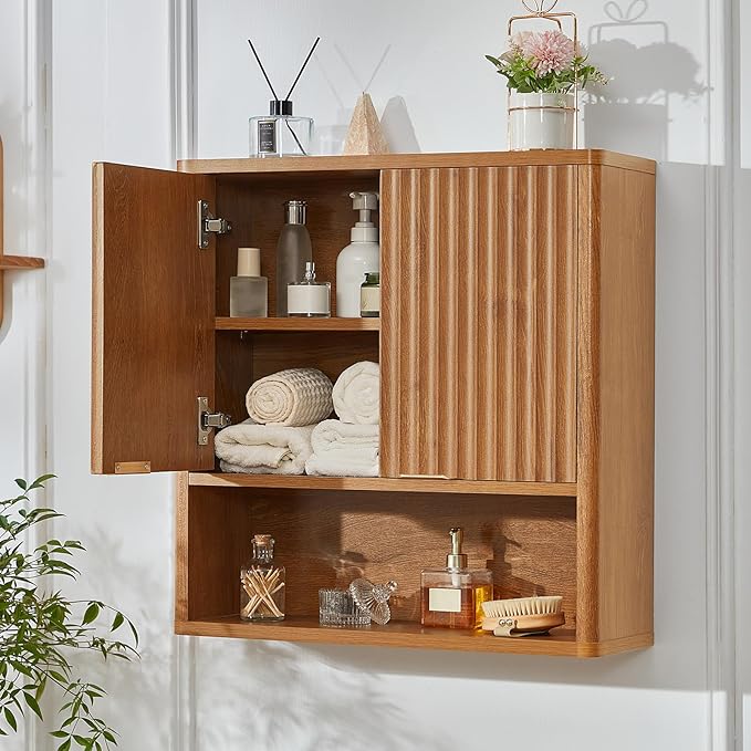 LEYAOYAO Fluted Bathroom Wall Cabinet, Wall-Mounted Medicine Cabinet w/Adjustable Shelf & Doors, Farmhouse Floating Over The Toilet Storage Cabinets for Laundry Room, Kitchen, Living Room (Tea Brown)