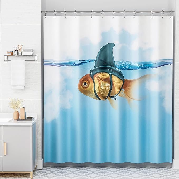AmazerBath Shower Curtain Blue, Washable Cloth Funny Fish in Shark's Clothing Kids Shower Curtain Sets with 12 Shower Curtain Hooks, Cute Waterproof Shower Curtains for Bathroom Decor, 72x72 Inches